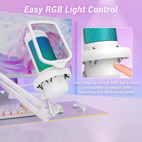 Image of TONOR Gaming Microphone Arm Set, RGB Condenser Mic with Boom Arm, Quick Mute, Adjustable RGB Brightness, Pop Filter, Shock Mount, Gain Control for Streaming, Discord Twitch YouTube,TC310+ White | Boom Arm Set, USB Mic with Controllable Light, One Tap Mute, Volume Control, for Discord, Twitch Streaming, White, TC310+