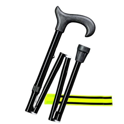 Gehstock Faltstock 4-teiliger höhenverstellbar faltbar Uni-Ergonomic Derby – aus Aluminium mit ergonomischem Derby-Griff + Olanmarp Klettarmband mit Streifen (Schwarz)