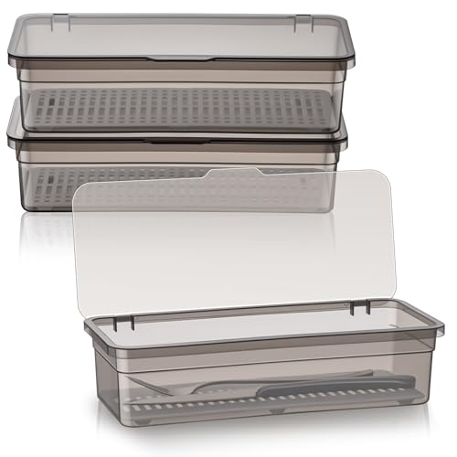 Remerry 3 Pcs Flatware Tray with Lid and Drainer, Plastic Utensil Organizer, Kitchen Cutlery Transparent Storage Box with Lid and Drain Rack, Drawer Tableware Storage Box for Home and Travel (Grey)