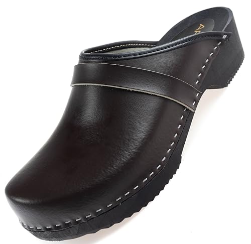 APREGGIO Herrenclogs aus Leder- Herren Lederclogs mit Holzsohle - Clogs mit Absatz - Gartenschuhe - Dunkelbraun - Größe 43 EU