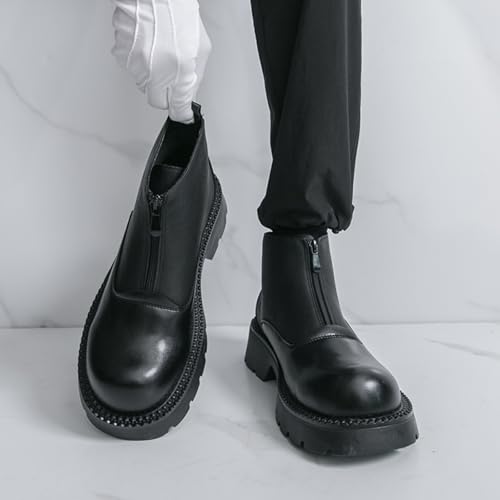 Men's Fashion Leather High-Top Pull On Platform Chunky Heel Chelsea Boots Round Toe Lug Sole Non-Slip Casual Shoes for Walking Dress Party Office Work3