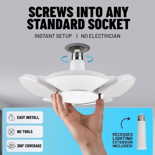 Image of Bell+Howell Socket Burst 6 Panel Screw in LED Garage Lights | 3500LM Ultra Bright LED Shop Lights for Garage, Shed, Attic, Wrokshop, Screw-in E26 /E27, 6 Light Panels, Easy to Install