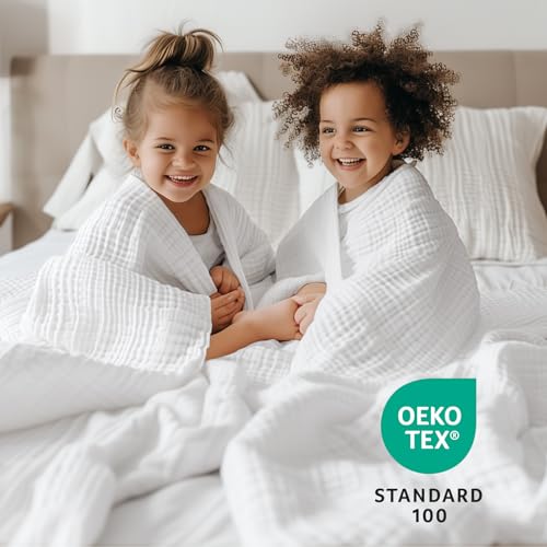100% Cotton Muslin Blanket Large 50" x 70", 6 Layers Breathable and Lightweight Cotton Blankets for Bed and Couch, Quilt Bedspread, Gauze Throw for Adults, White