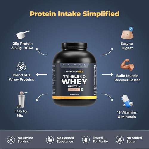 Image of Nutrabay Gold Tri Blend Whey Protein Powder - 2kg, Cold Coffee| 25g Protein, 5.5g BCAA | Concentrate, Isolate, Hydrolyzed Protein | Muscle Growth & Recovery | Gym Supplement for Men & Women