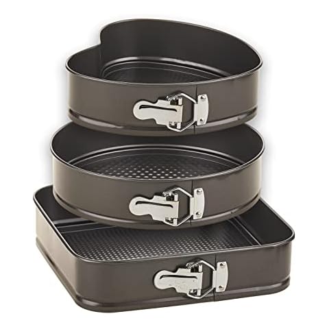 ARIANA HOMEWARE Spring Form Pan Set with Heart Round & Square Shape - Leak Proof Cake Mold for Baking Enthusiast - Deep Cake Tin Baking Set with Removable Bottom (24CM x 26CM x 28 CM) Set of 3 Cover