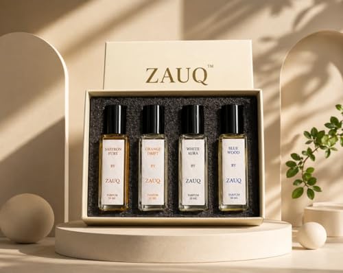 Image of ZAUQ Premium Perfume Gift Set for Men & Women | 4x20ml Parfum Collection | Orange Drift, Saffron Fury, White Aura, Blue Wood | Long Lasting French Fragrance | Perfect Luxury Gifting Box