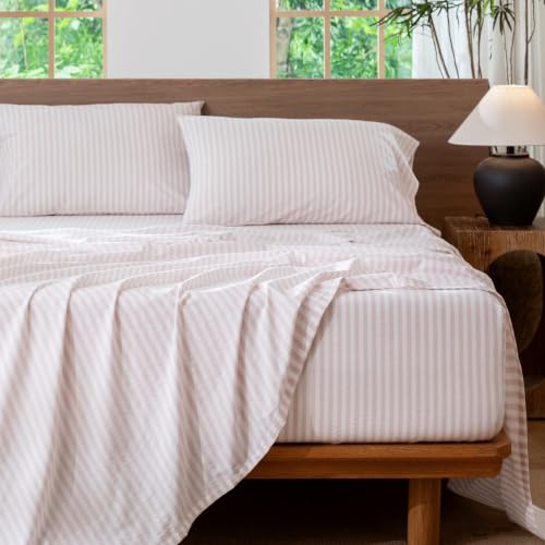 Image of MooMee Striped Sheet Set 100% Washed Cotton Linen Like Queen | Relaxed Linen-like Texture. Soft, Breathable & Lightweight Comfort. 15-19 inch Extra Deep Pocket with All-around Elastic
