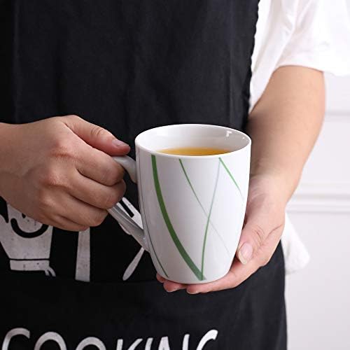 VEWEET 'Aviva', 6-Piece Mug Sets 360ml Porcelain Coffee Cups Ivory White Green Lines Tea Mugs, Height 10.3cm Ideal for Home/Office