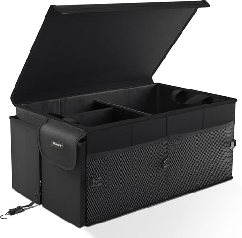 Image of Polyester Automobiles Car Trunk Organizer Bag with Lid Large Size Multi Compartment Car Organizer (55 x 41 x 25cm) Foldable SUV Car Storage Bag with Support Strap (60L - Large) Black