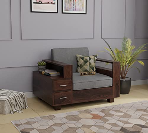 Image of Solid Sheesham Wood Sofa Set 1 Seater, Sofa Sets for Living Room, One Seater Sofa Set with Attached End Table, 2 Drawer Storage, Walnut Finish
