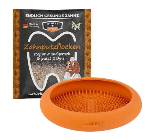 QCHEFS ZAHNPUTZFLOCKEN & Schleckmatte UFO nach dem Hundefutter und als Hundezubehör zur Beruhigung beim Duschen und zur Zahnpflege Mundgeruch-Zahnfleischentzündung und Zahnstein Weg