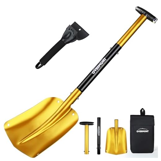 Overmont 32" Folding Emergency Snow Shovel 3 Piece Aluminum Lightweight Portable Sport Utility Shovel for Car Trunk Camping Garden Beach with Ice Scraper Carrying Bag