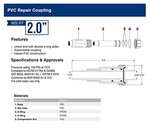 Image of Midline Valve 567SD200 Heavy Duty PVC Repair Coupling; Expandable Pipe Fitting; 2''; White Plastic