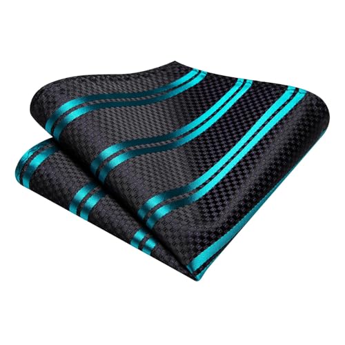 Image of Dubulle Mens Paisley Black Teal Striped Tie and Handkerchief Cufflinks Tie Set for Men Wedding Business Formal