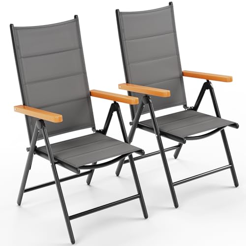 Clevich Sillas de jardín plegables de respaldo alto para jardín y balcón (juego de 2), sillas de jardín con reposabrazos de WPC, sillas de comedor ajustables en 7 posiciones, 2 unidades, color gris