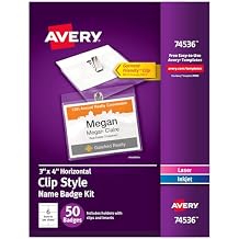 Avery Customizable Name Badges, Clip Style, 3" x 4", Clear Name Tag Holders, White Laser/Inkjet Printable Inserts, 50 Total 74536