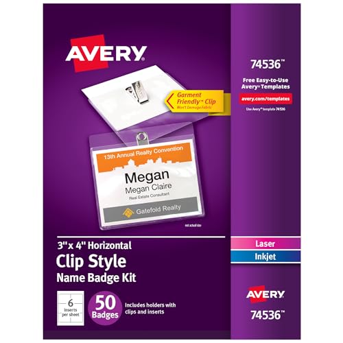 Image of Avery Customizable Name Badges, Clip Style, 3 inch x 4 inch, Clear Name Tag Holders, White Laser /Inkjet Printable Inserts, 50 Total (74536)