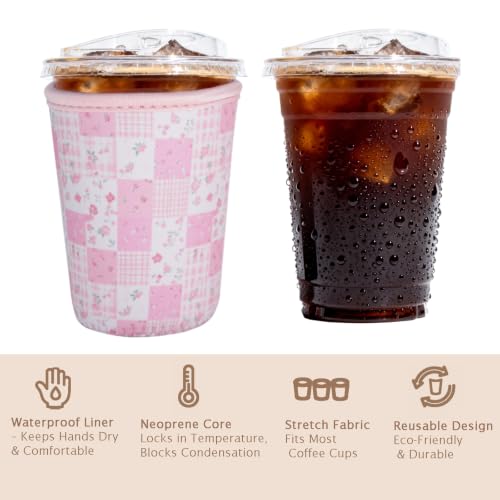 Image of Reusable Insulated Sleeve for Iced Coffee Cup, 3-Pack Coffee Neoprene Drink Sleeve for Cold & Hot Drinks, Beverage Holder for Iced Coffee (Pink Patchwork)