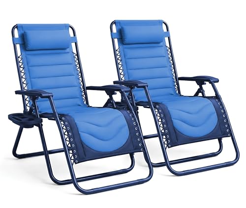 KEPLIN Set of 2 XXL Premium Heavy Duty Padded Zero Gravity Chairs - Luxurious Garden Recliners, Adjustable Headrest, Cup & Phone Holder, Foldable, Easy to Clean Patio Sun Loungers (Navy)