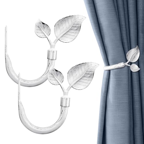 Image of Leaf Shaped Curtain Holdbacks 2pcs, Handmade Metal Curtain Side Holders for Wall, Curtain Tieback Hook Pull Backs for Drapes Window Home Decoration (Vintage White)
