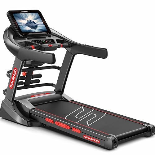 Image of Sparnod Fitness STH-5730 High-Performance Treadmill, 7HP Peak DC Motor, Auto Incline 15.6 inch Touch Screen, Bluetooth Speaker, Hydraulic Foldable Running Machine for Gym, 150Kg Capacity, Shock Absorption