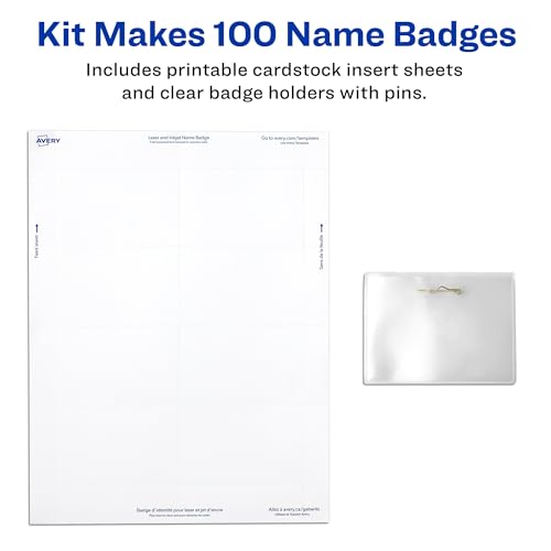 Image of Avery Customizable Name Badges, Pin Style, 2.25 inch x 3.5 inch, Clear Name Tag Holders, White Laser /Inkjet Printable Inserts, 100 Total (74549)