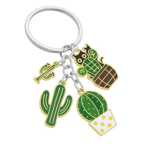 Porte-Clés Cactus – Porte-Cléf Plante et Charme de Sac pour Femmes avec Métal Argenté & Émail Vert, Cadeaux Réconfortants pour Amatrices de Plantes &...