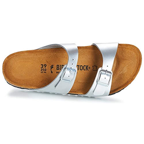 Image of Birkenstock Women's Heels Open Toe Sandals, Silver Soft Metallic Silver Soft Metallic Silver, 9