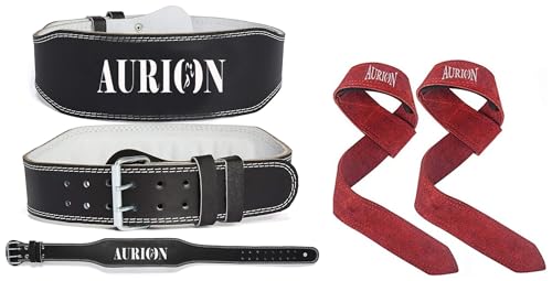 Image of Aurion Premium Long Lasting Super Weight Lifting Belt (Small, Black, Pack of 1) & Aurion Fitness 1.5 Premium Genuine Leather Lifting Adjustable Wrist Straps (Maroon)