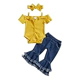 Baby Girl Ribbed Button Off Shoulder Romper Top Flared Jeans Headband Set 3Pcs Denim Bell Bottoms Ou