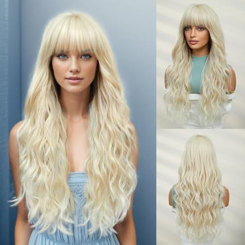 OUFEI Peluca Larga Rubio Platino con Flequillo Pelucas Onduladas Naturales para Mujer Pelucas de Pelo Sintético Natural Resistentes al Calor para Fiesta Diaria Cosplay Wear