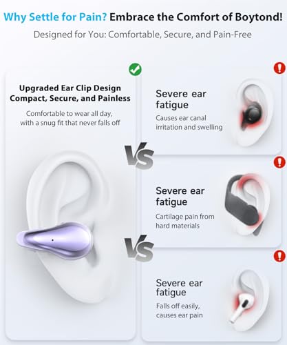 Image of Boytond Ultra Open Ear Earbuds - Comfortable Clip-on Bone Conduction Headphones, Wireless Bluetooth Earphones with Waterproof Design, Over Ear Buds for Running and Sports, Simple Purple