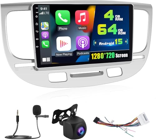 4+64G Android 15 Car Stereo for Kia Rio 2005-2011,9 inch IPS 1280 * 720 Touch Screen Radio Wireless Apple Carplay Android Auto DSP 5G WiFi Bluetooth GPS FM RDS+Free AHD Backup Camera