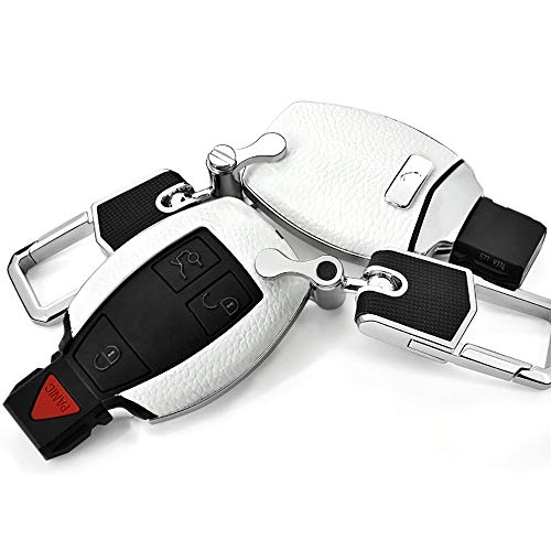 Ontto Key Fob Cover Genuine Premium Leather Abs Plastic Key Shell Smart Car Remote Holder Key Case With Keychain Fit For Mercedes Benz A C R S E Gla Clk Cls Class (White) #TOP6
