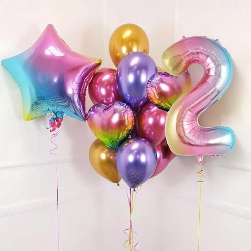 Image of Rozi Decoration Rainbow Theme 2 Number Foil Balloons for Decor Large Size - 32 Inch | 2 Number for Birthday Decoration, Anniversary & Party Decor Helium & Air Supported Pack of 1 Pcs