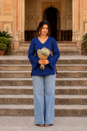 Image of Women's Cotton Short Kurti Black Solid Plain V Neck Full Bell Sleeve Casual Stylish Short Kurta for Women for Jeans Daily Girl Top