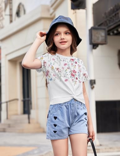 Image of Arshiner Girls Casual Tie Dye Short-Sleeve T-Shirt Cute Print Summer Blouse for Girls Twist Front Tunic Tee Tops