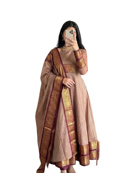 Women’s Pattu Cotton Anarkali Kurta with Dupatta | Handwork Embroidery | Jacquard Zari Border | Ethnic Kurti Set for Women (Without Pant)-picture-24