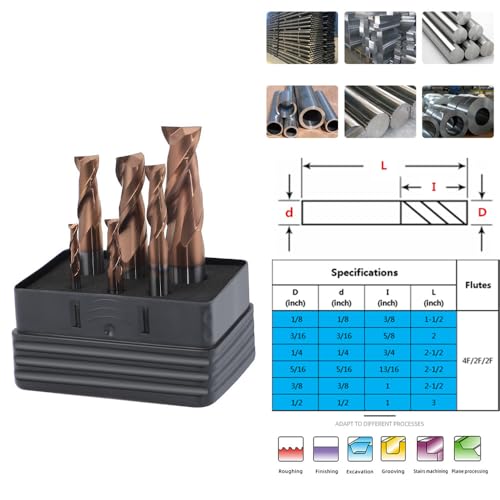 Image of Carbide Square Inch EndMill HRC55 Double Edge 2 Flute TiSiN Coating Tungsten Steel Inch Milling Cutter for Metal Steel 1 /8,3 /16,1 /4,5 /16,3 /8,1 /2 Series 6pcs Set