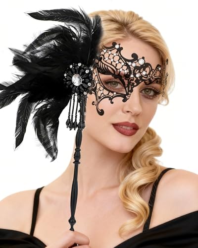 Zinniday Masquerade Mask with Stick Black 2026 Elegant Venetian Antique Metal Masks with Detachable Feather Carnival Decorations for Women Men Renaissance Halloween Costume Cosplay Prom Party