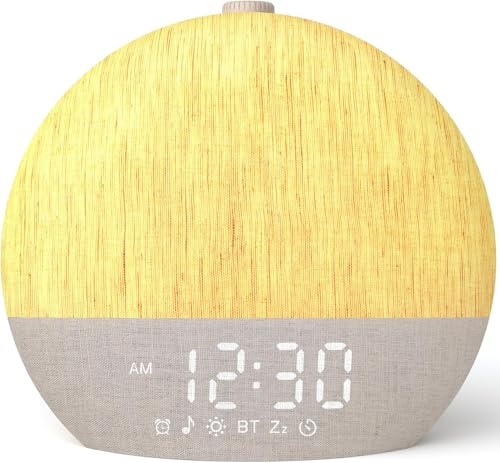 LIORQUE Tageslichtwecker Lichtwecker Sonnenaufgang Wecker mit Wake Up Light 17 Farblicht 30 Beruhigender Klängen Doppelalarm & Bluetoothfunktion - Allover Stoffdesign Geschenk Erwachsene Kinder