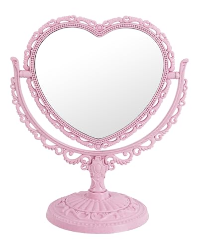 Espejo de maquillaje giratorio doble rosa con soporte
