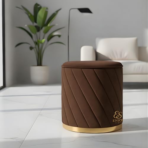 Image of Luxury Round Velvet Ottoman Stool with Gold Base - Modern Upholstered Footrest Pouffe, Tufted Vanity Seat, Living Room Bedroom Dressing Stool (Brown)