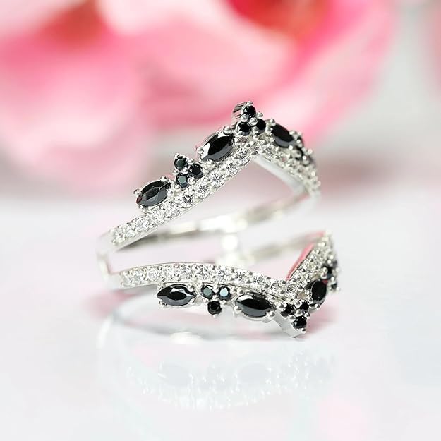 Round & Marquise Cut Black Onyx Ring Enhancer in 925 Sterling Silver - Bridal Wedding Engagement Wrap Ring Jacket For Womens - Handmade Jewerly