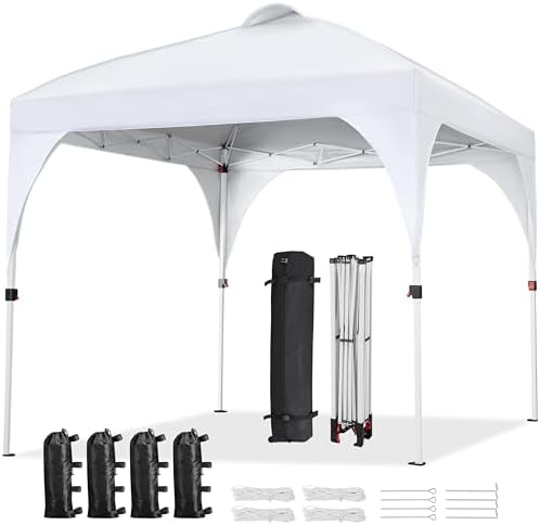 Yaheetech 8x8 Pop Up Canopy Tent with Vent, Easy Set Up Tent, Instant Sun Shelter Canopy with Wheeled Bag, 4 Sandbags, 8 Stakes & 4 Ropes, for Parties, Beach, Outdoor, White