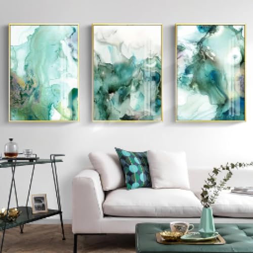 Peinture murale marbre vert menthe triptyque toile salon décoration 60x90