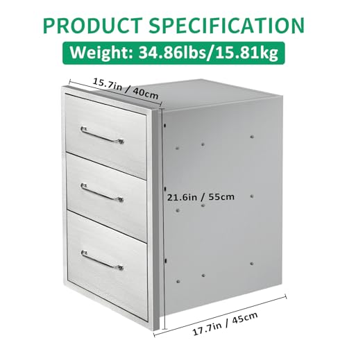 Image of Outdoor Kitchen Drawers 15.7 inch W x 21.6 inch H x 17.7 inch D Stainless Steel Triple Drawers with Ergonomic Handle for BBQ Island, Patio Grill Station & Outdoor Kitchen Cabinets