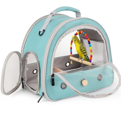 Portable Parrot Travel Cage Carrier with Small Swing Toy&Cage Colorful Toys Set Small Bird Parakeet Bag with Standing Perch Bird Carry Transport Bag (Green, Carreir/Swing)