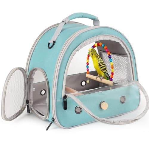 Portable Parrot Travel Cage Carrier with Small Swing Toy&Cage Colorful Toys Set Small Bird Parakeet Bag with Standing Perch Bird Carry Transport Bag (Green, Carreir/Swing)
