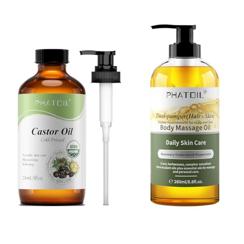 PHATOIL Dual-Pamper (Hair &amp; Skin) Body Massage Oil 8.8fl.oz and 8fl.oz Organic Cold Pressed Castor Oil